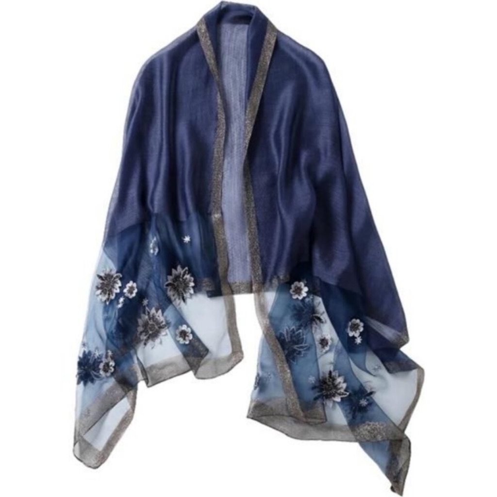 Silk Wool Fashion Scarf Shawl Wrap Lightweight Navy Blue